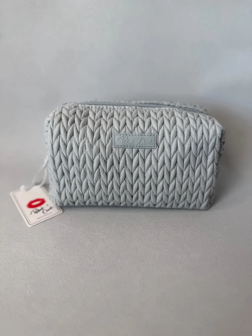 Blush & Crush Chevron-Quilted Puffer Cosmetic Bag in Light Blue/Gray NWT